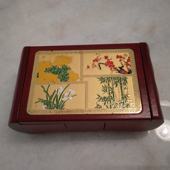 ASIAN WOODEN VINTAGE TRINKET JEWELRY ENAMEL FLOWERS BAMBOO ROSEWOOD BOX - Picture 1 of 9